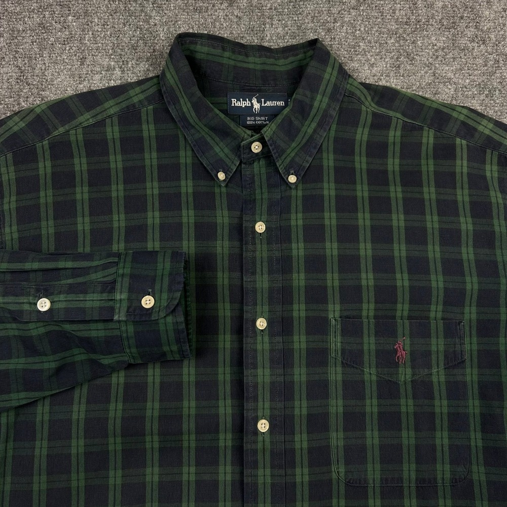 Ralph Lauren Big Shirt Mens L Green Plaid Button Down Cotton Long Sleeve Pony